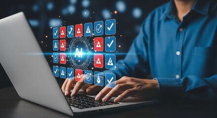 Person Using Laptop with AI Interface Showing Data Analysis