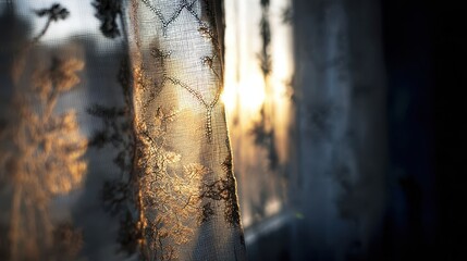 Wall Mural - sunlight streams through delicate lace curtains.