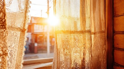 Wall Mural - sunlight streams through lacy curtains at a window.