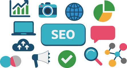 Colorful SEO Elements Graph, Camera, Globe, Laptop, Cloud, Megaphone, Magnifying Glass, Checklist Icons