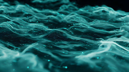 Wall Mural - teal data stream with shimmering effect creates a stunning digital ocean of waves and abstract grid 