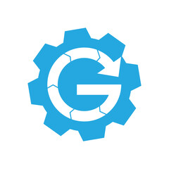 Wall Mural - the image shows a logo design of a circular letter g with arrow inside a round gear shape in blue co