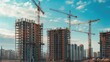 © Chandara - Modern construction scene with cranes and unfinished buildings, daytime stock photo --ar 16:9 --raw --v 6 Job ID: 370cb3fd-7083-45b1-89ed-297eaf5609e9