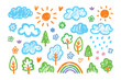 © Ajhar234 - Hand-drawn Nature Elements: A collection of whimsical hand-drawn illustrations depicting sunny days, blooming flowers, verdant trees, fluffy clouds, and a vibrant rainbow.