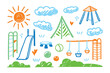 © Ajhar234 - Playground Drawing: A whimsical, hand-drawn illustration captures the essence of a playground with vibrant colors and playful designs. Perfect for conveying childhood joy, imagination.