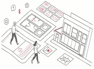 Modern digital interface design with people interacting and graphs displayed in an isometric perspective
