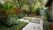 © Alex Piatkowski - Modern garden landscape with natural stone pathways and lush greenery in a serene outdoor setting