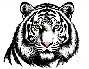 Wall Mural - detailed black and white illustration of tiger head with striking yellow eyes and pink nose, showcas