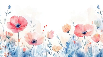 Wall Mural - Beautiful seamless floral water color pattern Set, watercolor wild flowers, leaves and grass,Collection botanic garden elements, isolated illustration in rustic or vintage style,copy space.
