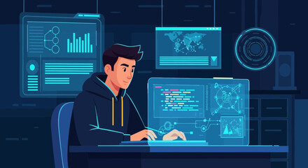 Focused Young Developer Working on Computer with Futuristic Interface
