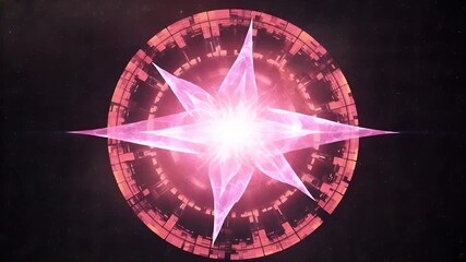 Wall Mural - A glowing, pink energy source emitting light within a geometric, circular structure, set against a star-filled cosmic background