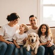 © freelanceartist - Happy Family with Children and Dog Posing Together Outdoors in Matching Outfits.  portrait, jeans, t-shirts, pet, bonding, unity, group, summer, together, park, happy family, family portrait, young