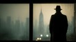 © Surachetsh - A lone detective in classic noir style stands by a rain streaked window, staring at the glowing city skyline under a brooding, cinematic night.