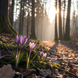 Delicate crocuses in leaf-covered forest with sunlight