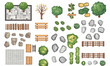 © Perfect Vector - Top view vector set of stone rocks wooden fences benches green bushes trees and paved surfaces for city landscape design and outdoor planning elements collection