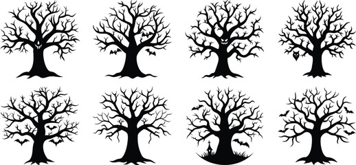 vector art of a collection of eight silhouetted bare trees each with intricate branches and a spooky