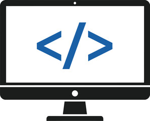 A sleek computer monitor displays blue code symbols, representing programming, software development, and technology solutions for modern digital applications and web design.