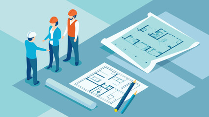 Isometric view of architects discussing blueprints with hard hats and pencils on a blue background