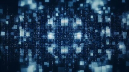 Abstract blue grid of glowing squares, with depth of field effect and pixelated look