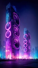 Wall Mural - giant speakers on a city street, blue and purple colors, cyberpunk style, urban and loud music conce