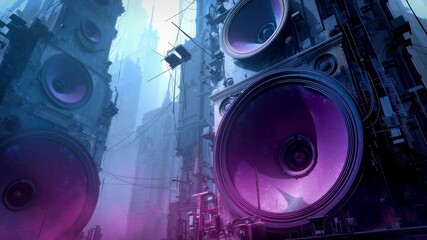 Wall Mural - giant speakers on a city street, blue and purple colors, cyberpunk style, urban and loud music conce
