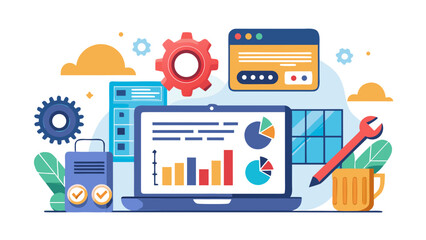 Illustration of a laptop displaying charts with gears and a wrench symbolizing development