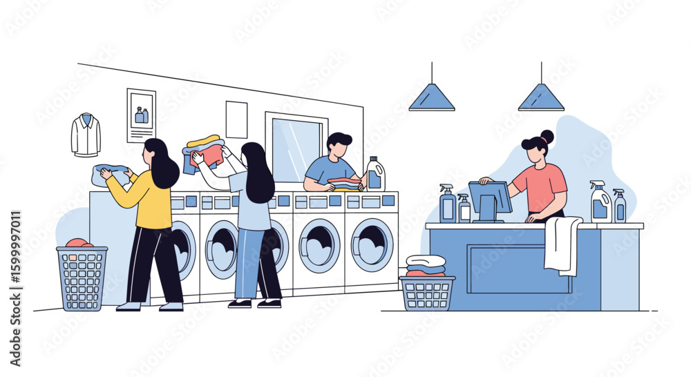 People doing laundry at the laundromat with washing machines and dryers ...
