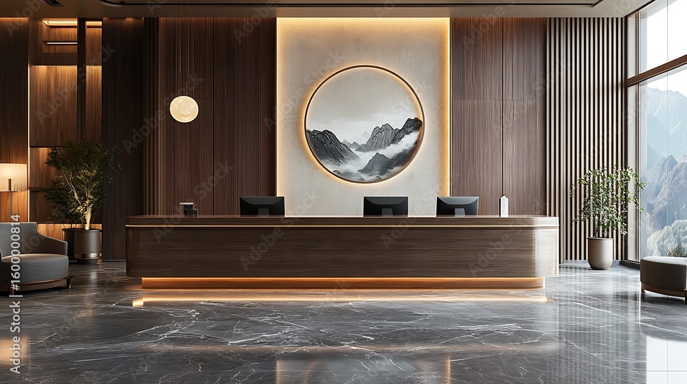 A modern hotel lobby features a sleek wooden reception desk with ...