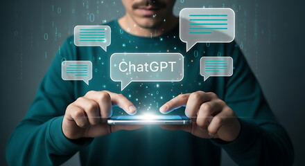 A man is interacting with chatgpt on his mobile phone surrounded by digital speech bubbles and binary code