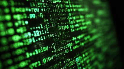 Close-up computer screen, green code