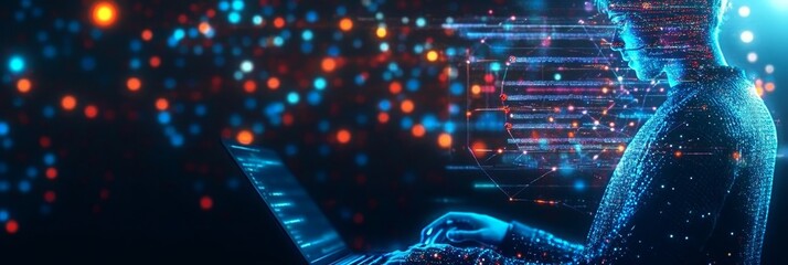 Wall Mural - modern engineer analyzing computer data on a laptop, focusing on cyber security innovations today