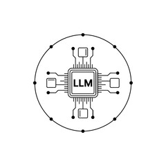 Abstract neural network chip with llm text in a circular diagram