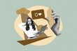 © deagreez - Creative banner collage of person use netbook with hand show cell phone zero likes on green background