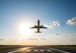 © SRD - Majestic passenger jet takes off from an airport runway, soaring high into the clear blue sky with the bright sun glowing. A symbol of global transport, new adventures