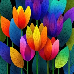 Wall Mural - Vibrant abstract tulip flowers with bold gradient colors and textured leaves on dark background in modern digital art style Generative AI