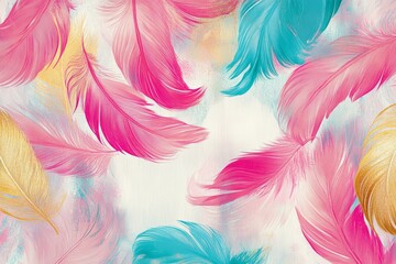 Wall Mural - colorful feather pattern with pink, blue, and gold colors