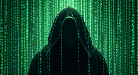 Wall Mural - dark figure in hooded cloak against a background of green binary code, symbolizing anonymity, secrec