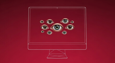 Wall Mural - computer screen outline on red background, showcasing multiple eyes, symbolizing online surveillance