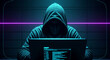 © Inspire Shots Hub - Hooded figure working on laptop in dark room, illuminated by neon light, representing cybersecurity, hacking, or digital anonymity