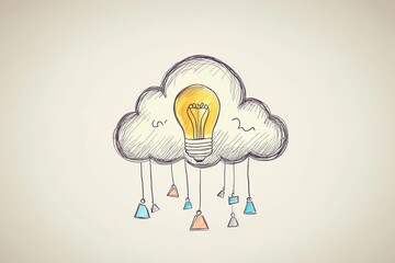Wall Mural - this artistic illustration features a light bulb suspended from a cloud, surrounded by colorful pend