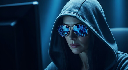 Wall Mural - woman in hoodie and sunglasses reflecting binary code, working on computer in dark setting, symboliz