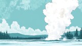 A striking illustration of a geyser erupting with steam against a vibrant blue sky, surrounded by lush greenery, evoking a sense of tranquility in nature.