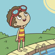 © sufian - A cartoon girl with goggles looking up at the sun near a pool on a sunny day with green grass behind her