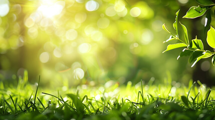 Wall Mural - a fresh spring sunny garden background of green grass and blurred foliage bokeh.