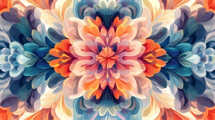 Wall Mural - Colorful flower with blue, orange, and pink petals. The flower is surrounded by a blue and white background
