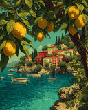 A vintage-style illustration of a scenic Mediterranean coastal village with boats in the bay, beautifully framed by a lush lemon tree in the foreground.