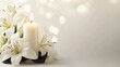 © sirirat - Simple funeral background with candle and white lilies on gray, minimal condolence design