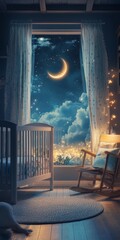 Wall Mural - bedroom with a crib and a rocking chair. the rocking chair is next to a window with a crescent moon 
