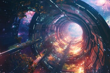 Wall Mural - spiral tunnel with a bright orange glow. the tunnel is surrounded by trees and stars. the tunnel is 