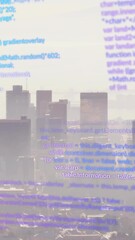 Wall Mural - animation of computer code overlaying city skyline, blending technology and urban life